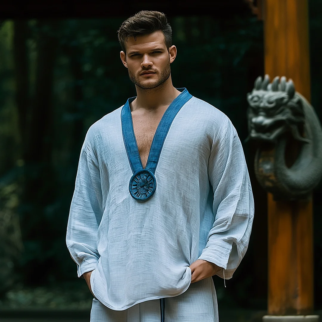 Men's Holiday Ethnic Lightweight Long Sleeve Linen Shirt-inspireuse