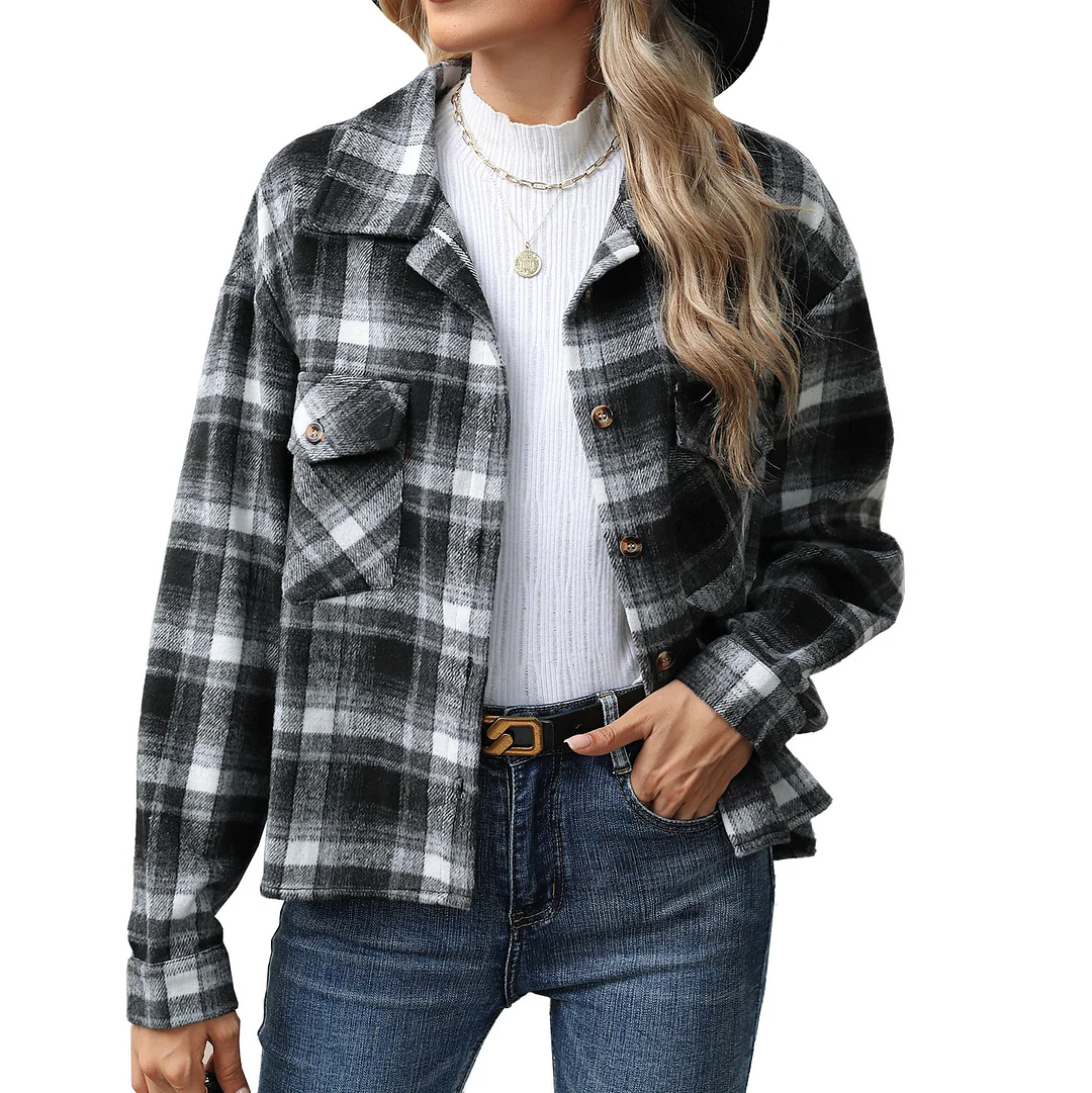 Ueong Ueong New Lapel Plaid Button Loose Long-Sleeved Woolen Coat