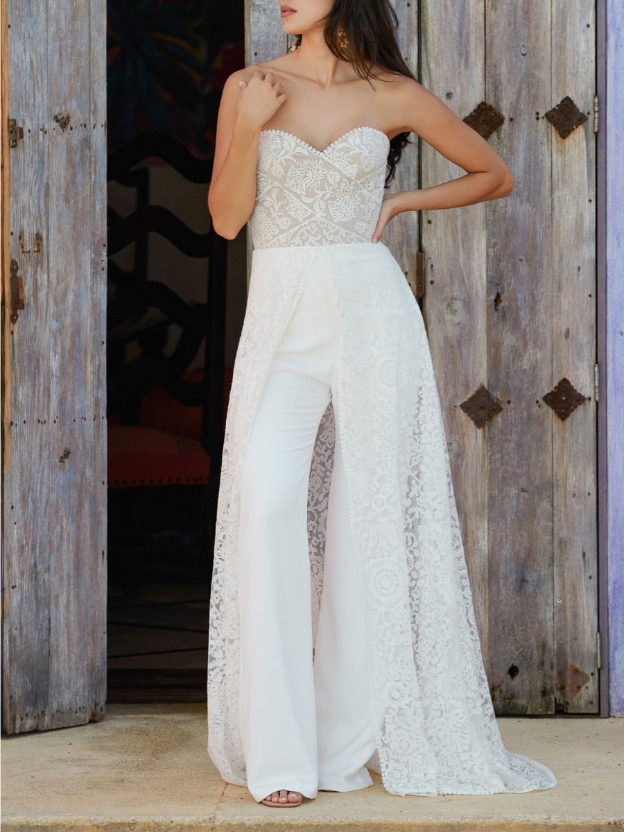 Neosepa-Lace Strapless Embroidery Mopping Hem Wide Leg Wedding Jumpsuit