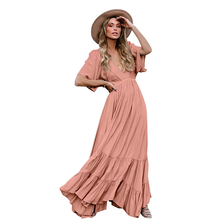 Women Vacation Casual Short Sleeve Maxi Dress