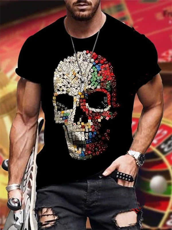 Dice Skull Printed Round Neck Loose T-shirt