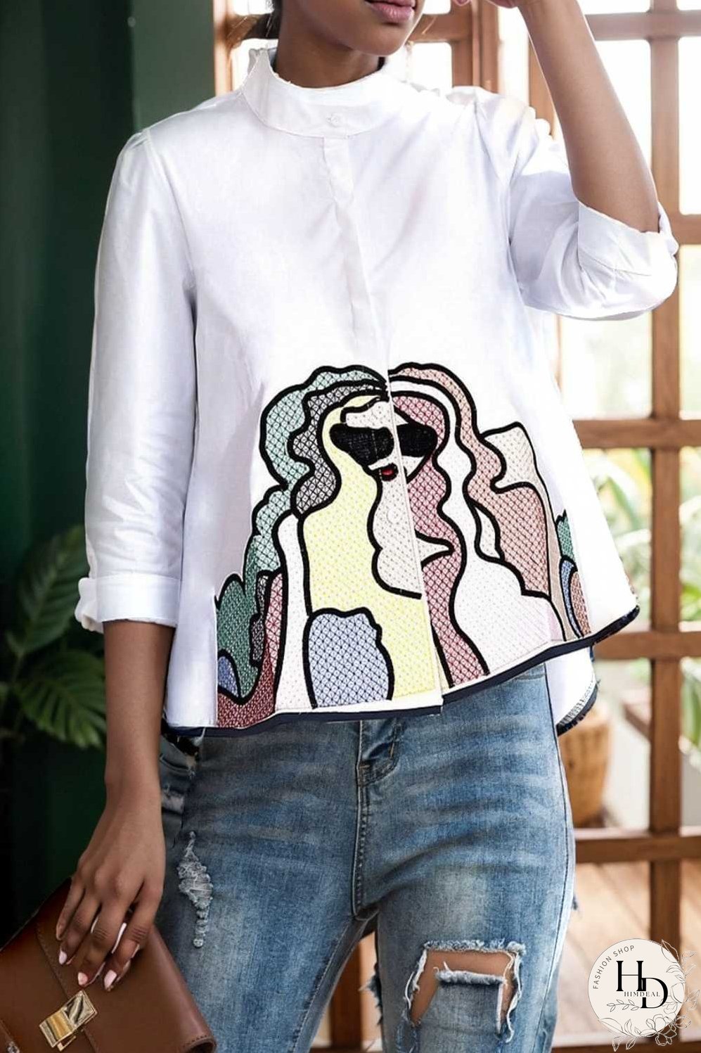 embroidered button mid sleeve casual blouse