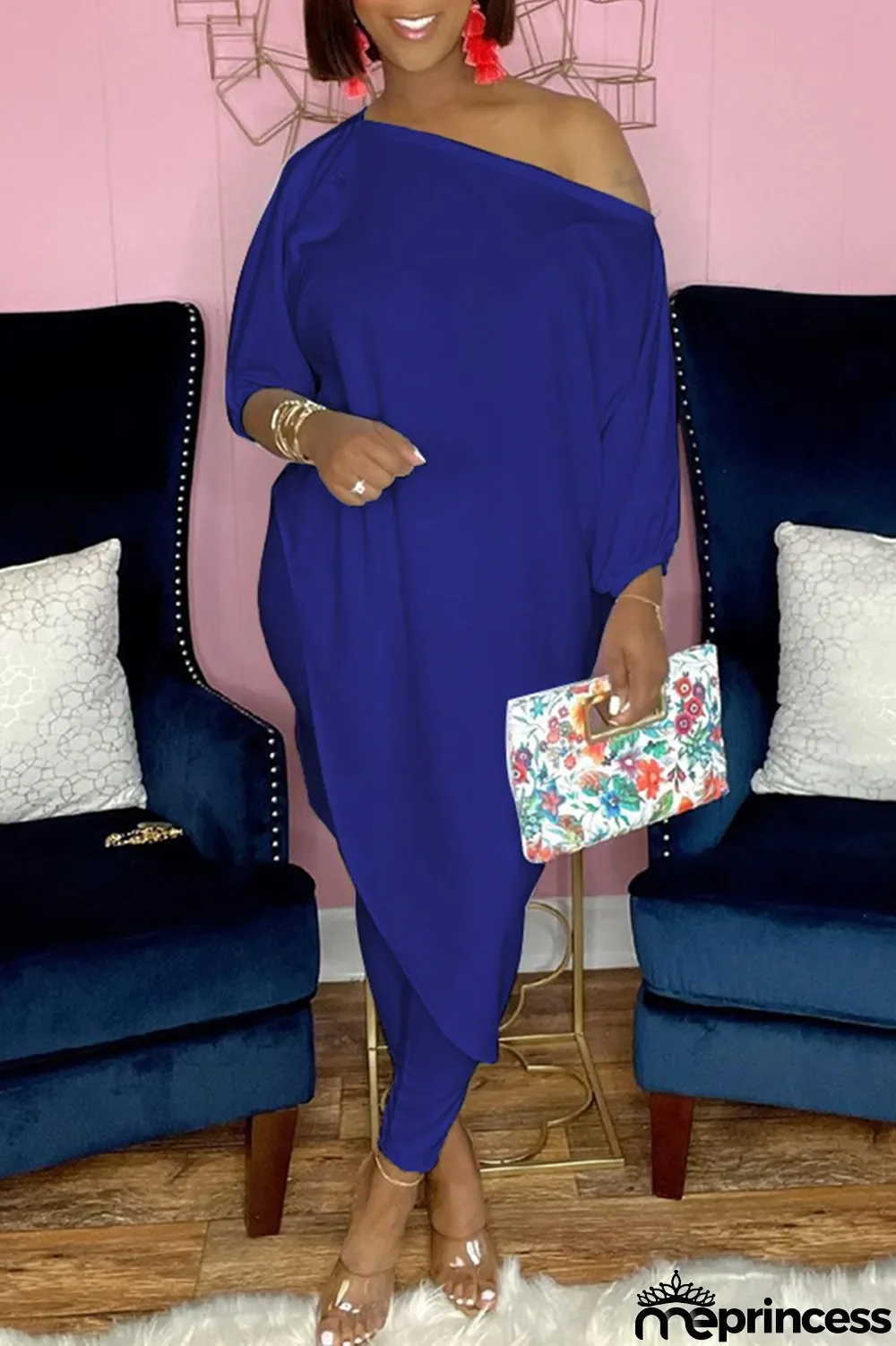 White Casual Print Split Joint One Shoulder Three Quarter Two Pieces