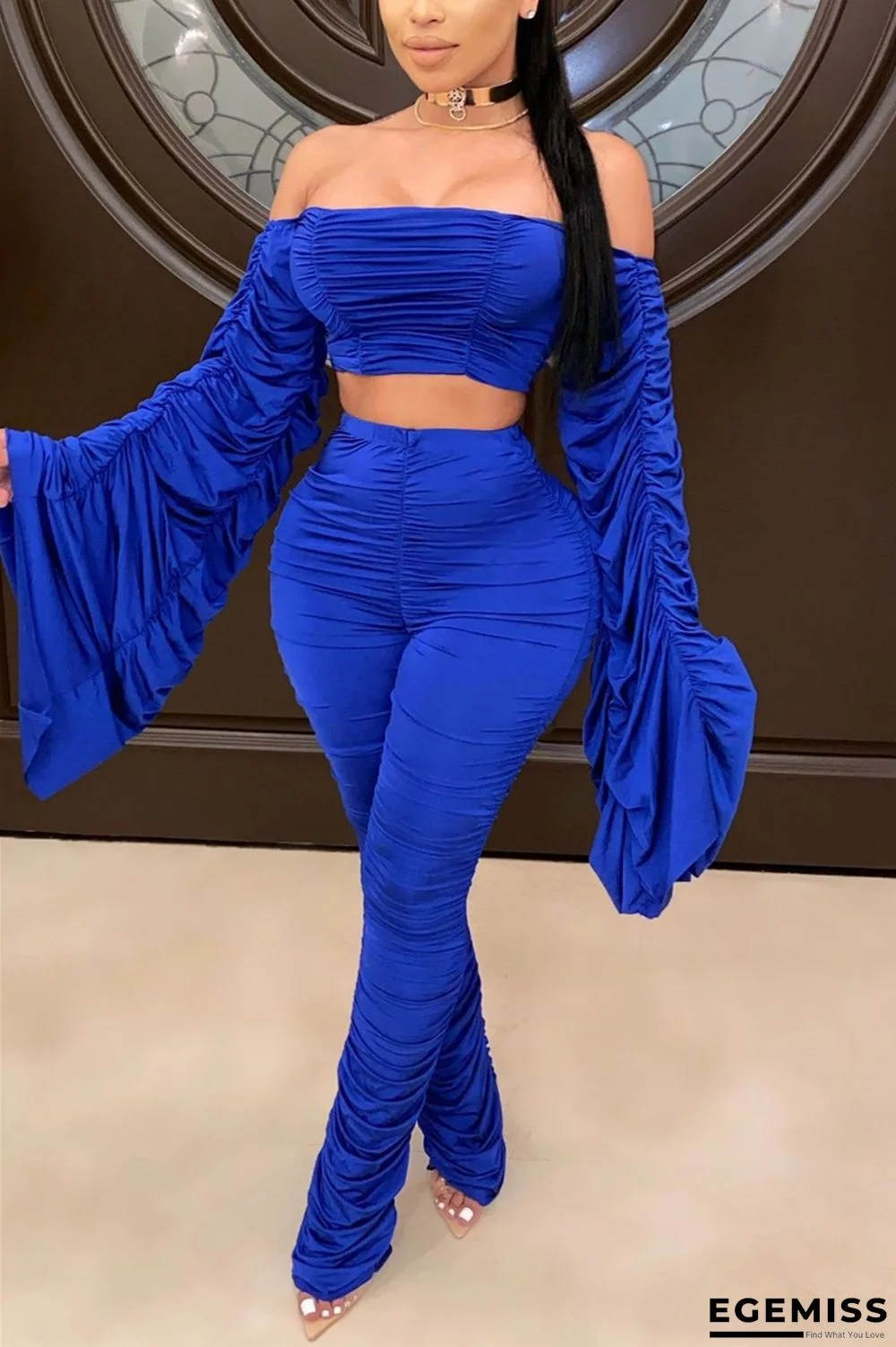 Blue Lightly cooked Patchwork Solid Draped asymmetrical Two Piece Suits Pants Long Sleeve Two Pieces | EGEMISS
