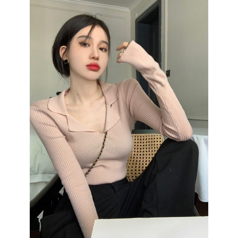 fall outfits women V-neck Sweater Women's Early Autumn Long-Sleeved Bottoming Shirt Hot Girl Sexy Slimming Short Student Top New
