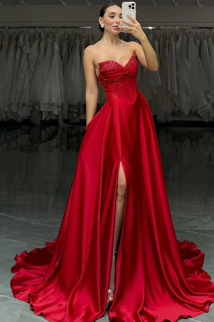 Miabel Glamorous Red Satin Sleeveless Sweetheart Beaded Prom Dress with Split 