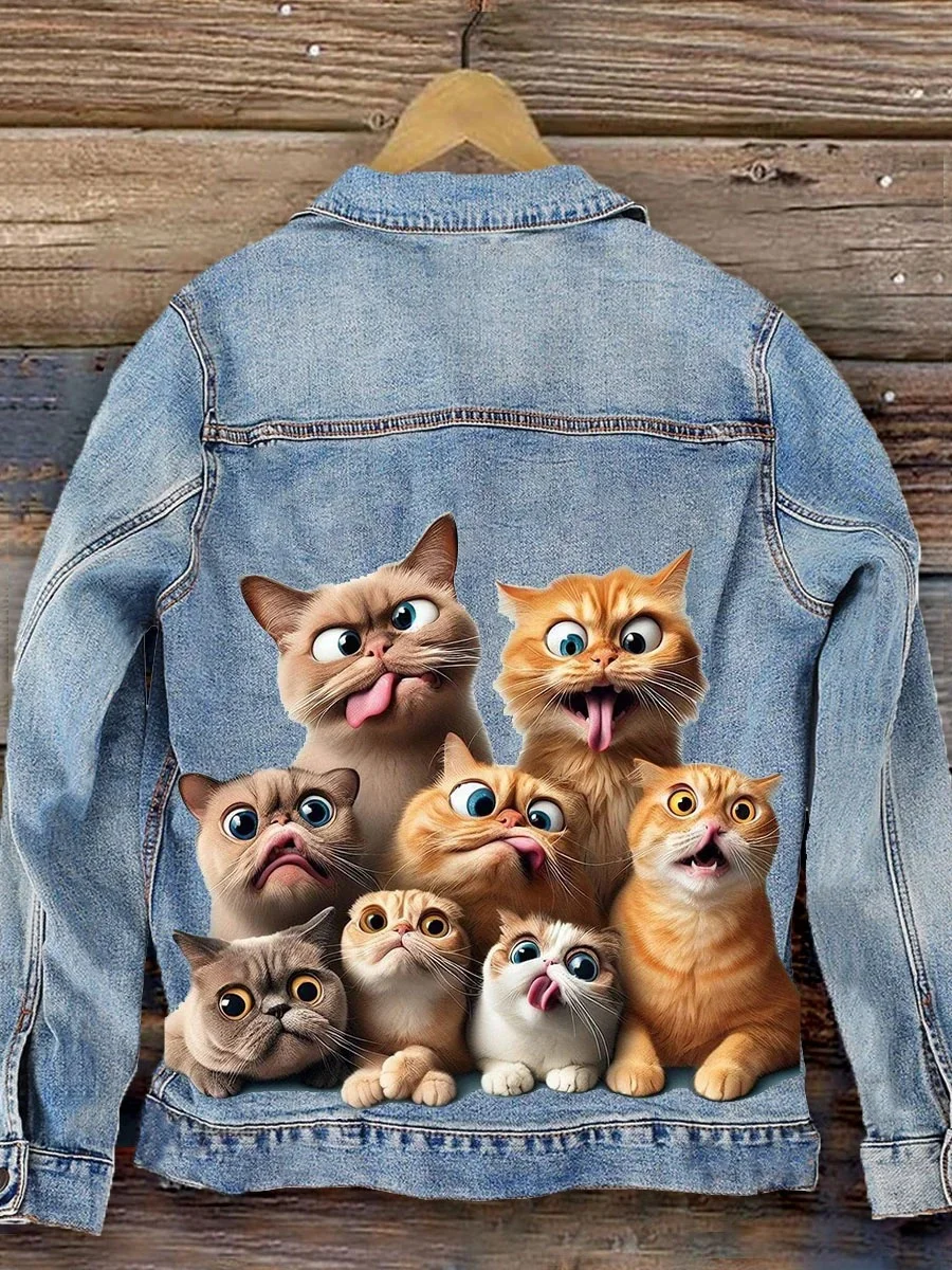 Eagerlys Funny Cats Art Print Casual Denim Jacket Eagerlys