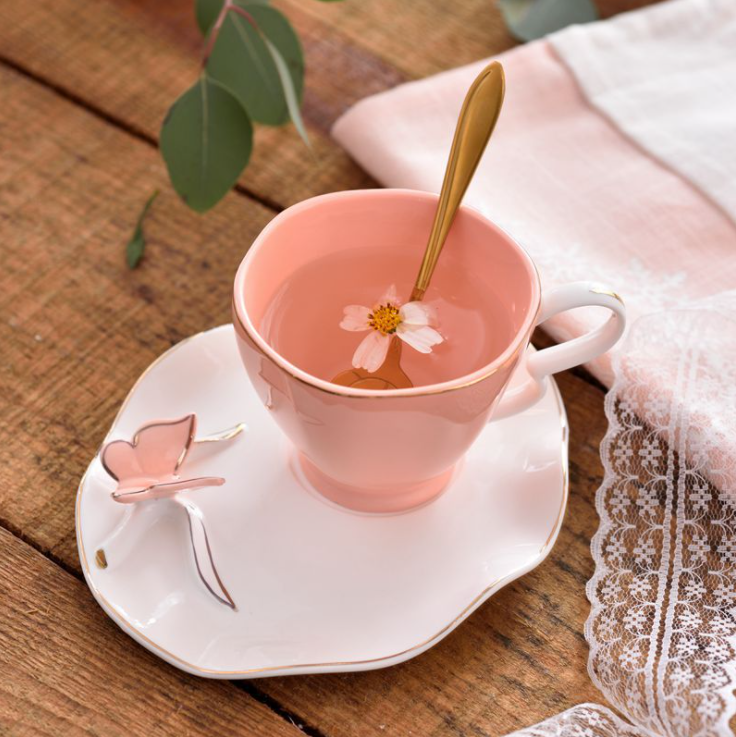 Solid Color Butterfly Bird Top Bone China 220ml Coffee Cup Saucer Free Spoon Ceramic Teacup 