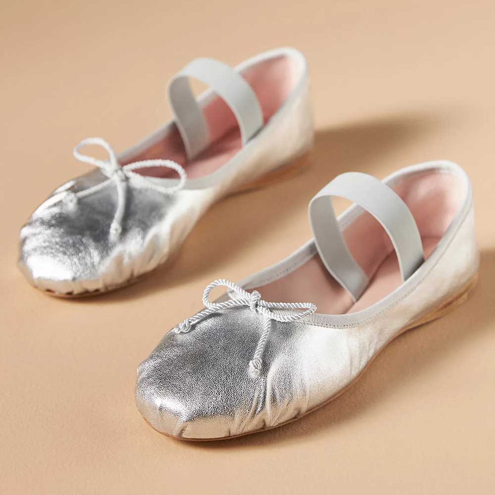 Silver Vegan Leather Round Toe Strap Girls' Flat Ballerinas Nicepairs