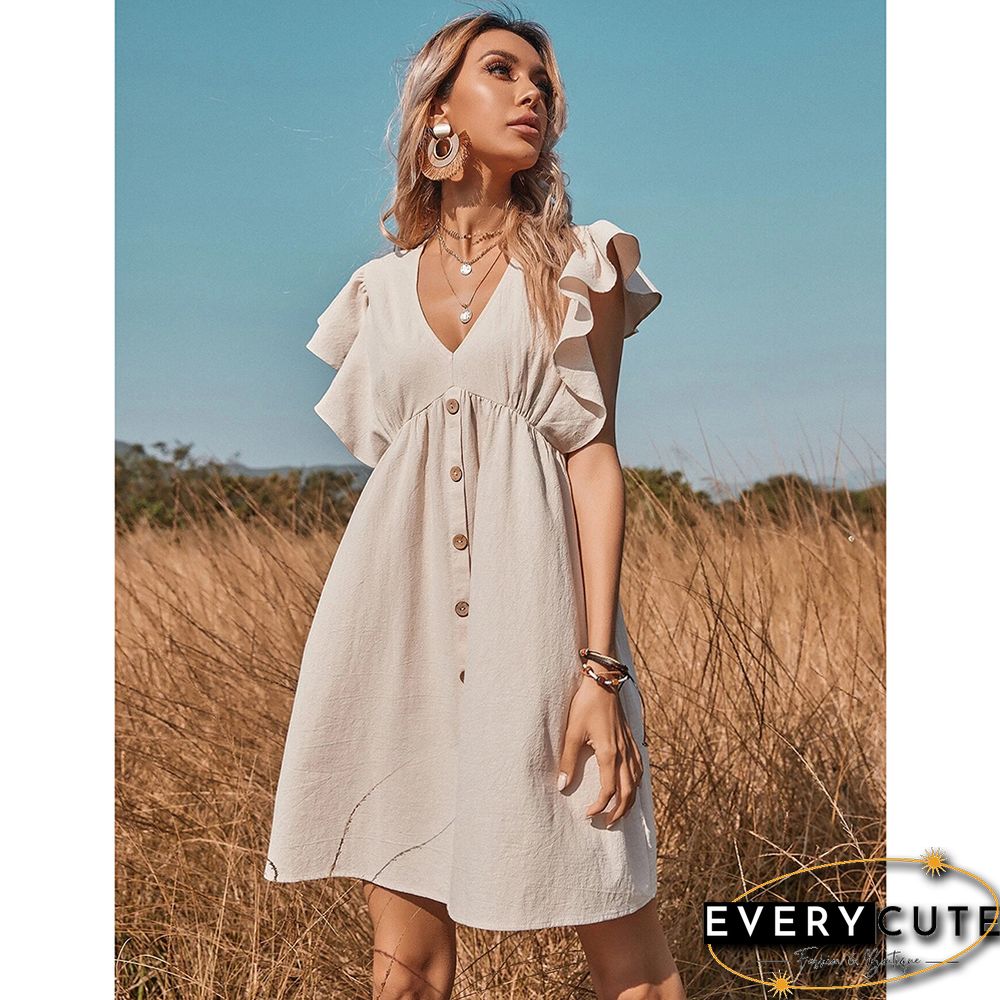Khaki V Neck Button Ruffle Sleeve Swing Dress