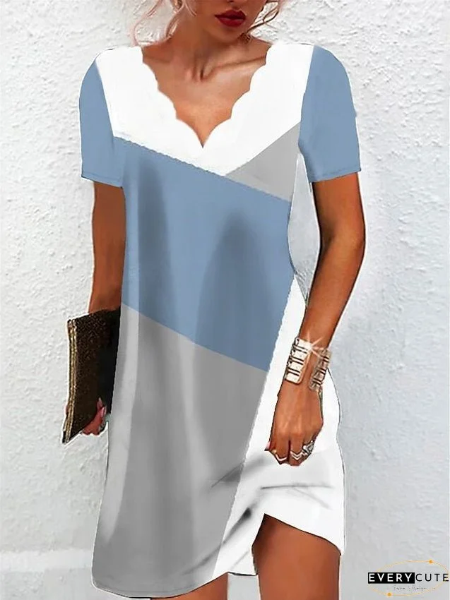 Casual Dress Summer Dress Print Dress Geometric Color Block Print Scalloped Neck Mini Dress Fashion Streetwear Outdoor Daily Short Sleeve Regular Fit Blue Purple Green Summer Spring S M L XL for Women