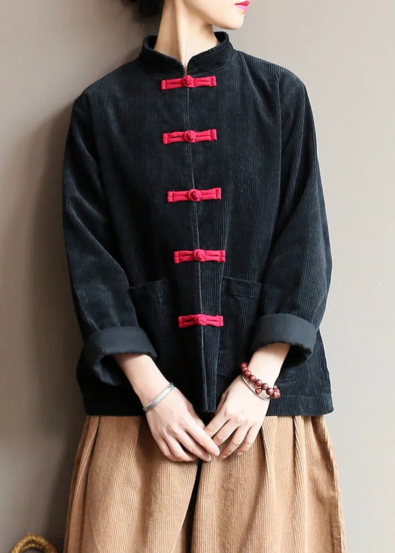 Vintage Black Stand Collar Oriental Button Corduroy Coat Spring