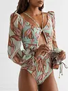 Sexy V-Neck Bandage Printing Long Sleeves One-Piece Swimwear