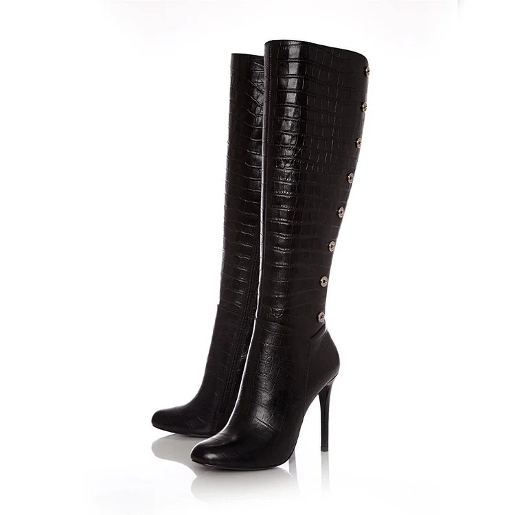 Croco Black Vegan Leather Knee High Boots with Metal Buttons Vdcoo