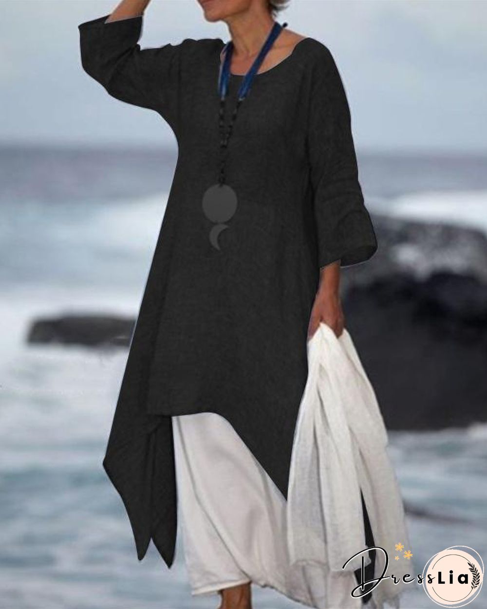 New Solid Color Linen Dress Loose Long-Sleeved Cotton Dress