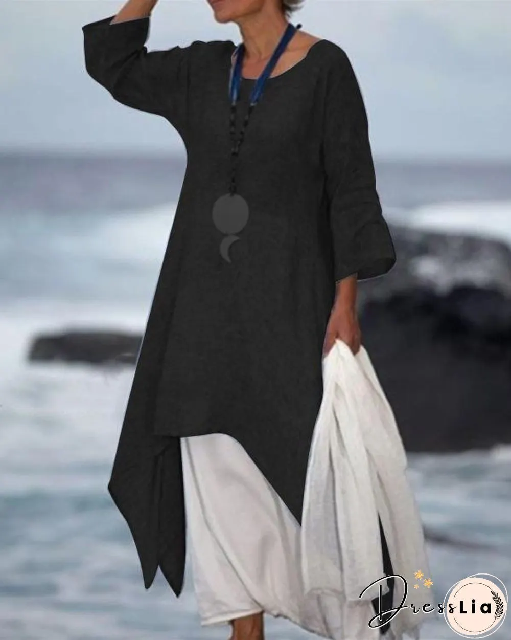 New Solid Color Linen Dress Loose Long-Sleeved Cotton Dress