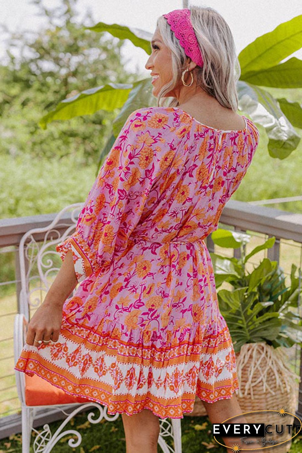 Red 3/4 Sleeve Boho Floral Belted Mini Dress