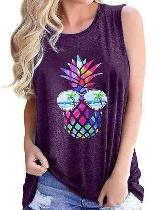 Women's Loose Sleeveless Round Neck Coloured Print T-shirt