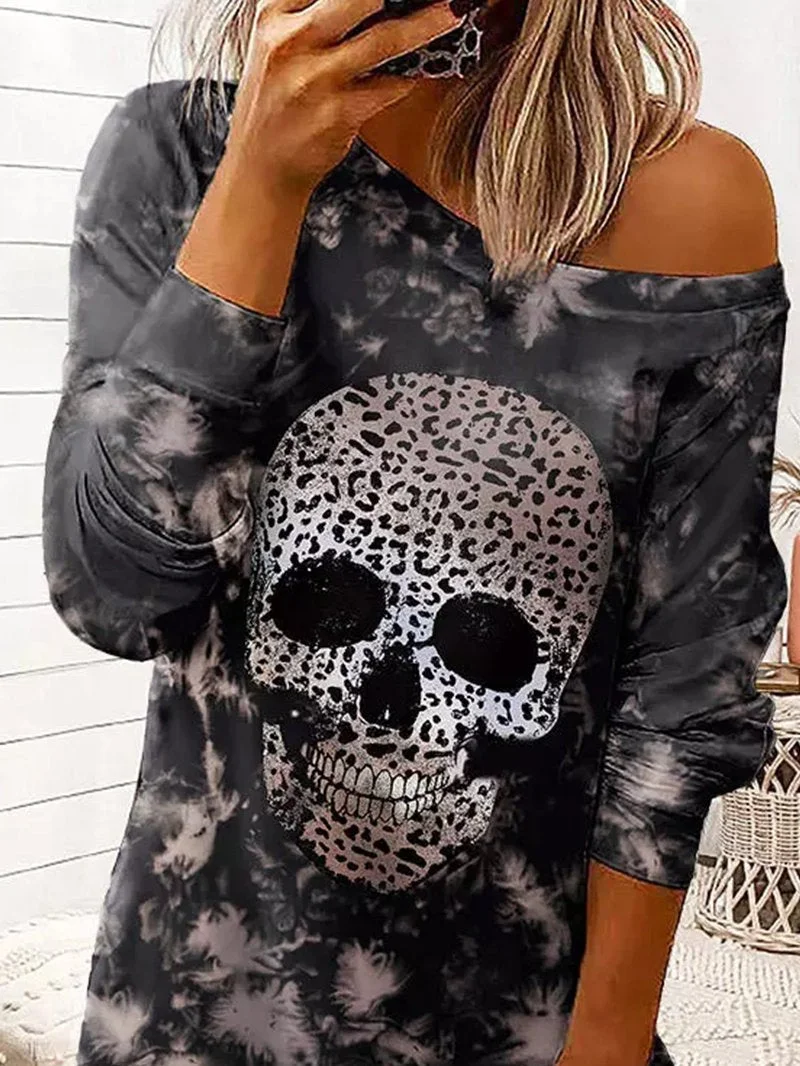 Halloween Tie Dye Leopard Skull Long Sleeve Mini Dress