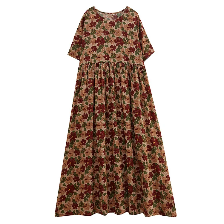 Ethnic Style Floral Print Short Sleeve Round Neck Maxi Dress