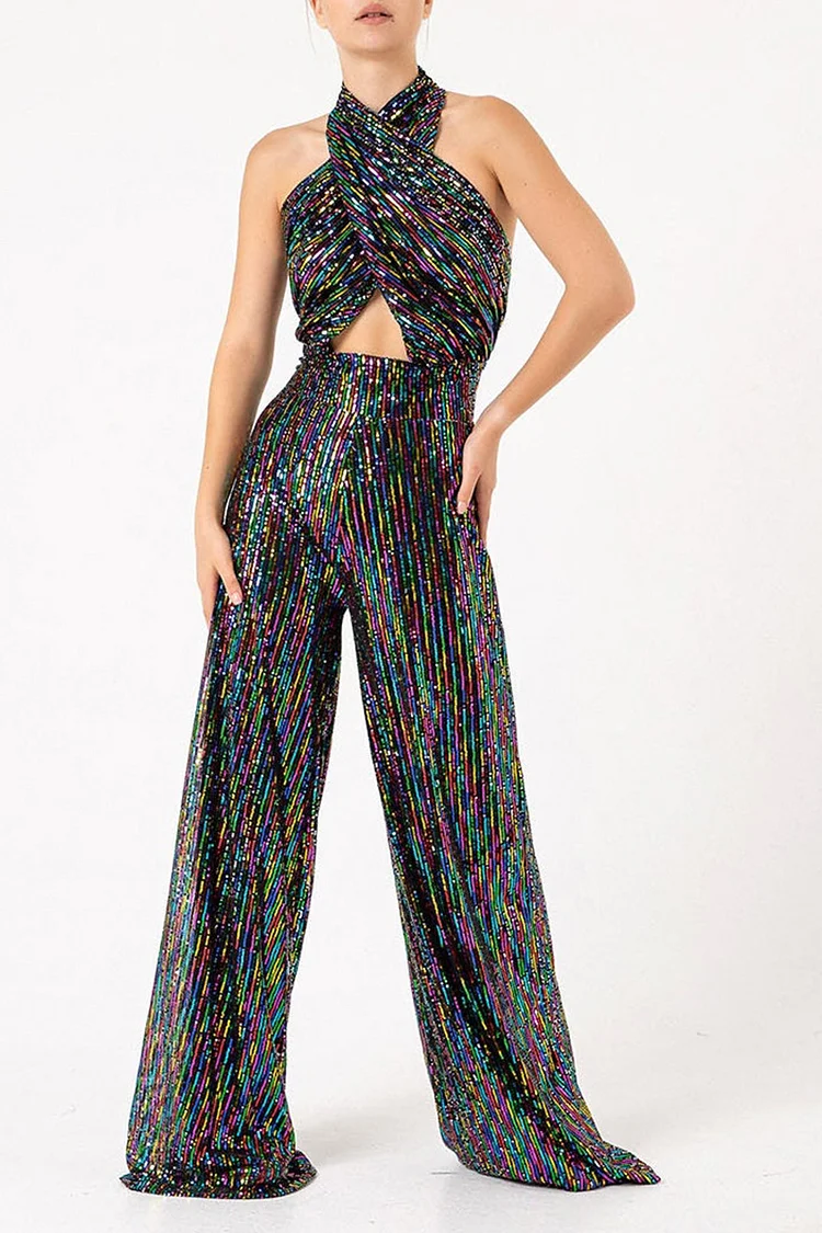 Rainbow Sequin Wrap Neck Halter Jumpsuit [Pre-Order]