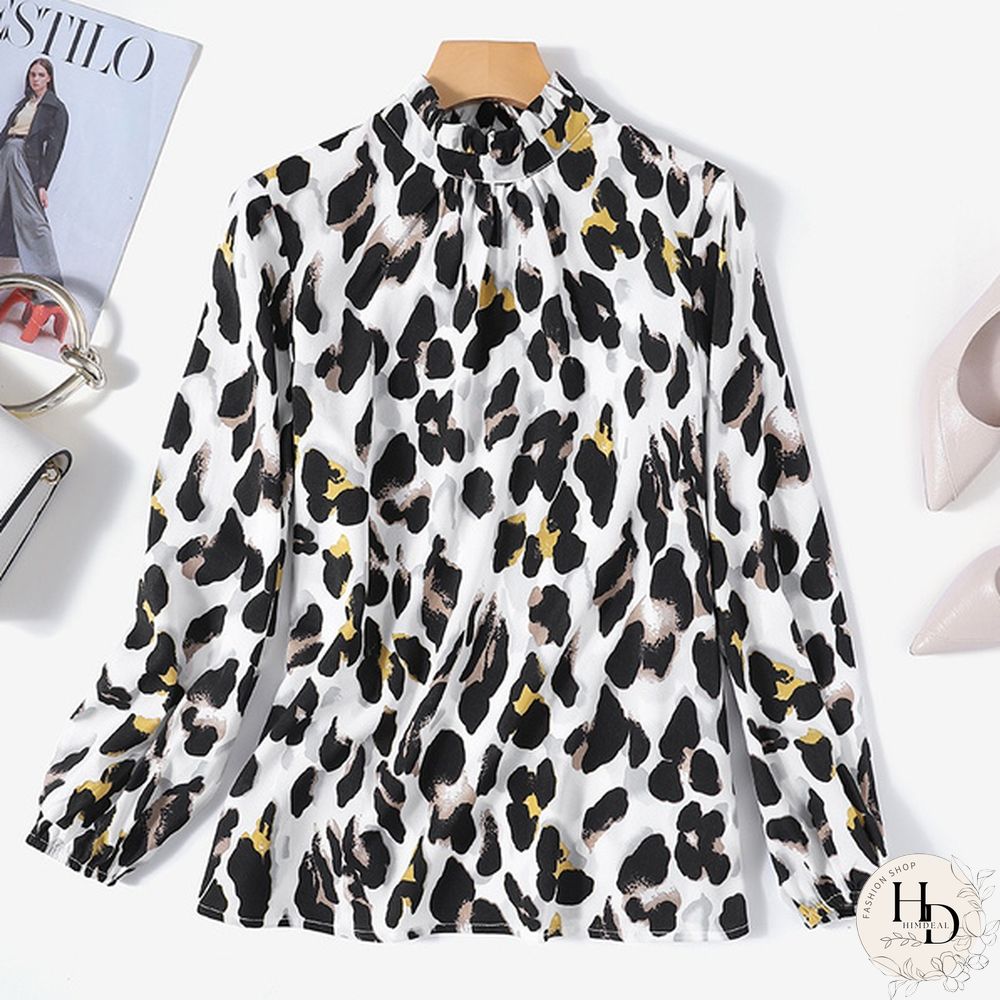 ZANZEA Women Leopard Print Blouse Spring Summer Long Puff Sleeve Tops Casual Loose Turtleneck Oversized