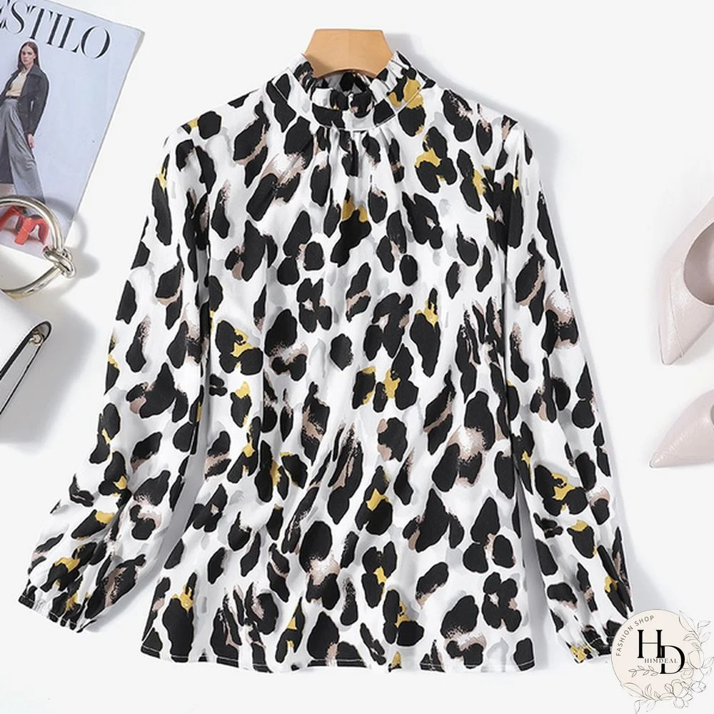 ZANZEA Women Leopard Print Blouse Spring Summer Long Puff Sleeve Tops Casual Loose Turtleneck Oversized