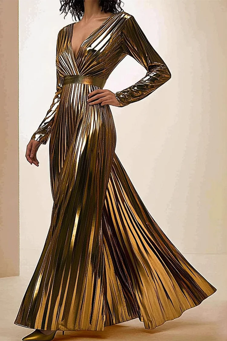 Evening Gown Gold Metallic Fabric Deep V Neck Pleated Maxi Dress