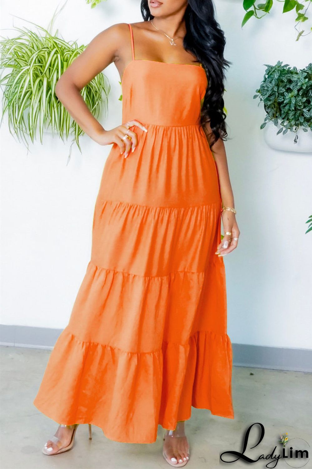 Yellow Fashion Casual Solid Backless Spaghetti Strap Long Dress