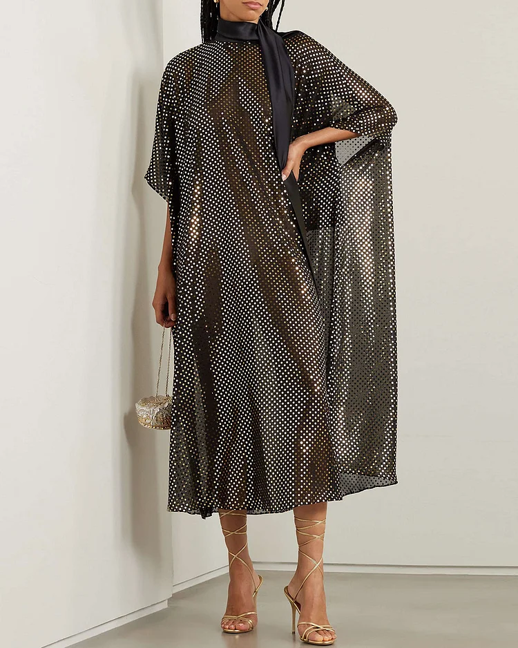  Pussy-bow metallic polka-dot chiffon kaftan 