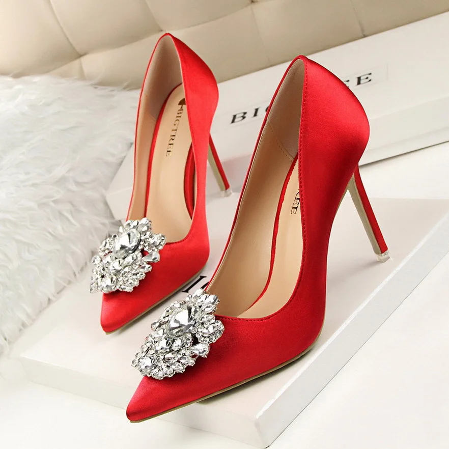 Colourp Colourp Korean Version Of Water Diamond Women's Shoes Thin Heel High Heel Sexy Show Thin Shallow Mouth Pointed Shiny Water Diamond With Buckle Single Shoes