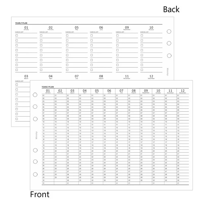 Simple Vertical Yearly Plan CheckList A5A6 Planner Insert Journal Refill Three Fold Filler Papers for 6 Hole Binder Organizer