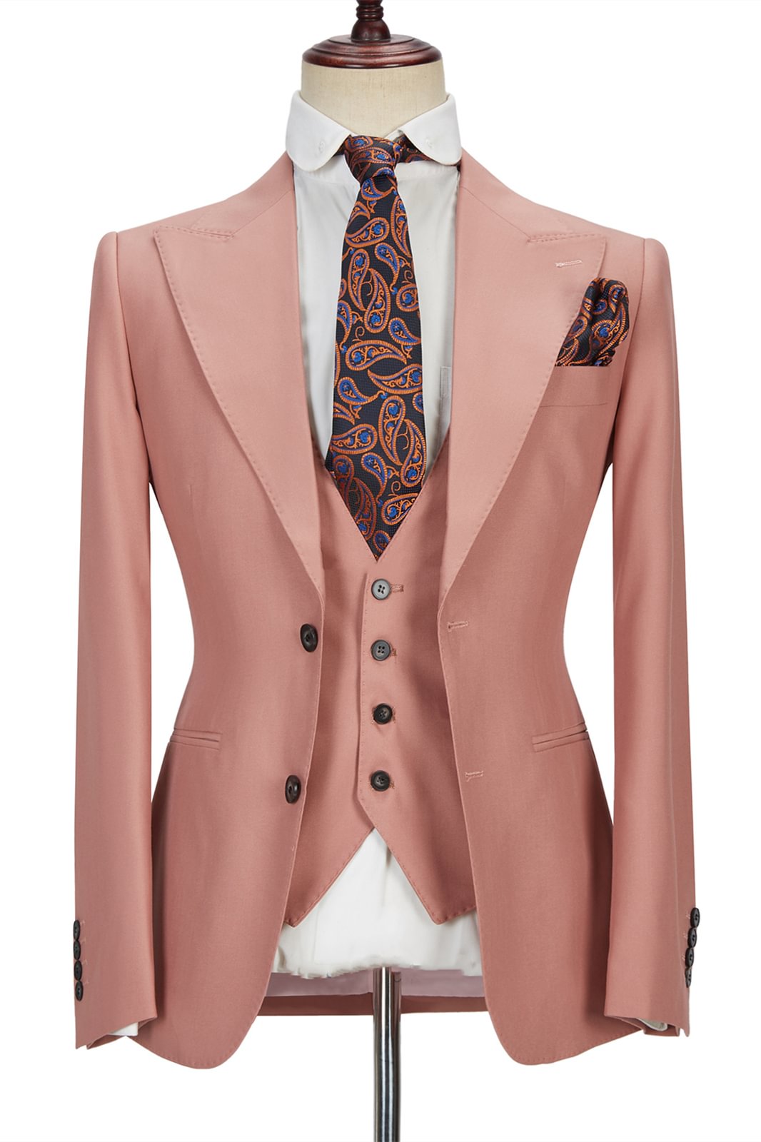 Two Buttons 3 Piece Coral Pink Peak Lapel Stylish Men's Suit | Ballbellas Ballbellas