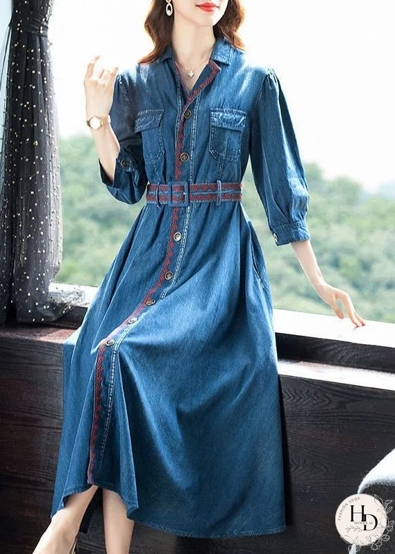 Vintage Blue Peter Pan Collar button Sashes Embroideried Cotton Vacation Dresses Three Quarter sleeve