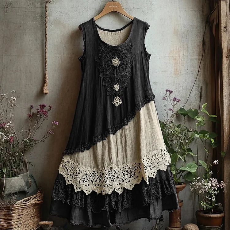 Retro Lace Patchwork Comfy Linen Tank Dress