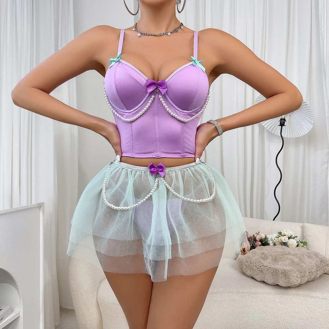 Uveng Sex Lingerie Lace Pearl Brae Short Skirt Thong Three Sets