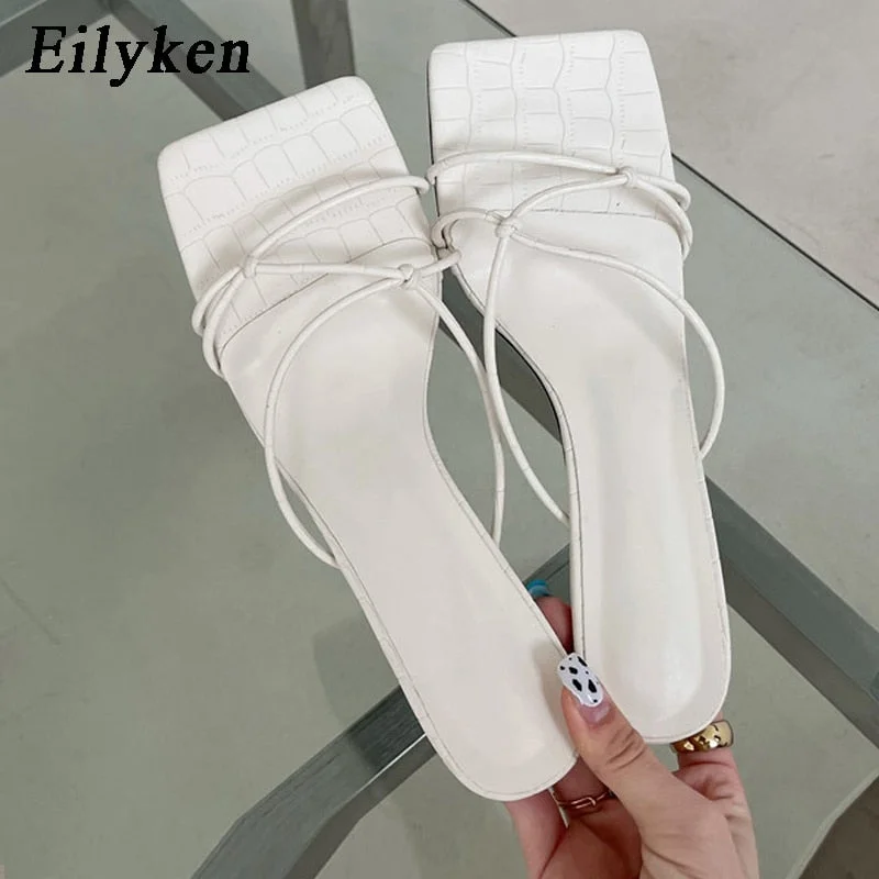 Eilyken 2022 New Summer Slippers Thin Low Heels Slides Fashion Narrow Band Square Toe Sandal Shoes Ladies Elegant Flip Flops