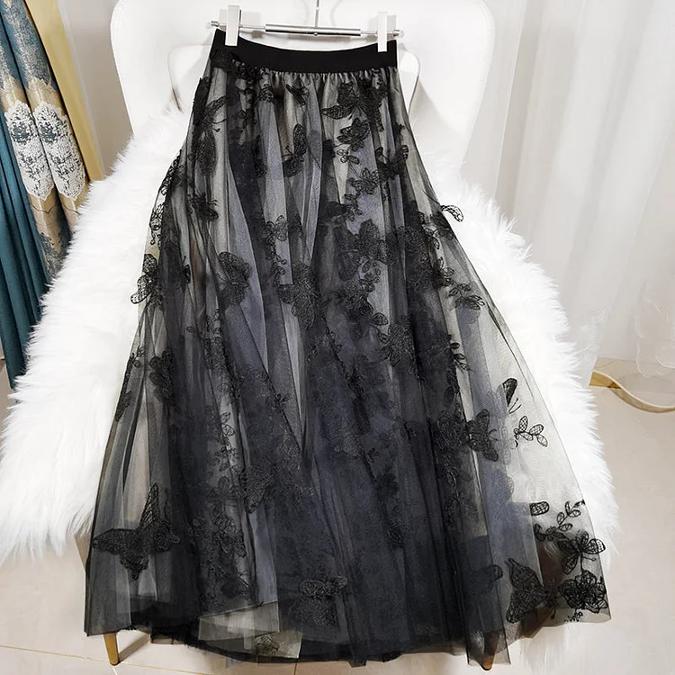 Elegant Black Embroideried Butterfly tulle High Waist Summer Skirts