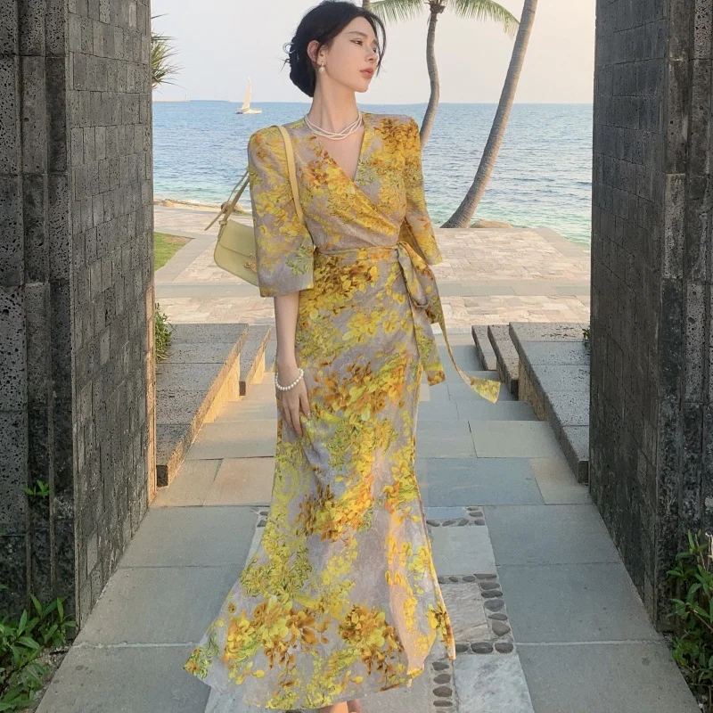❤️ French Style Golden Yellow Floral Print Dress ( free shipping)