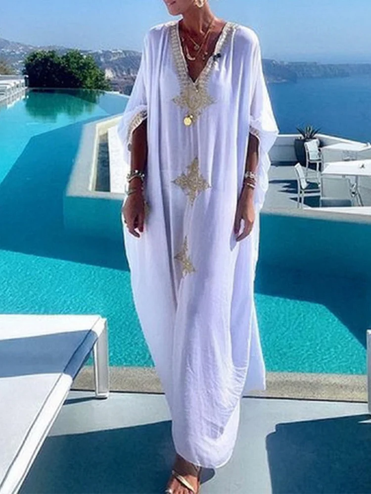 Vacation Plain Deep V Neck 3/4 Sleeve Bikini Cover Up