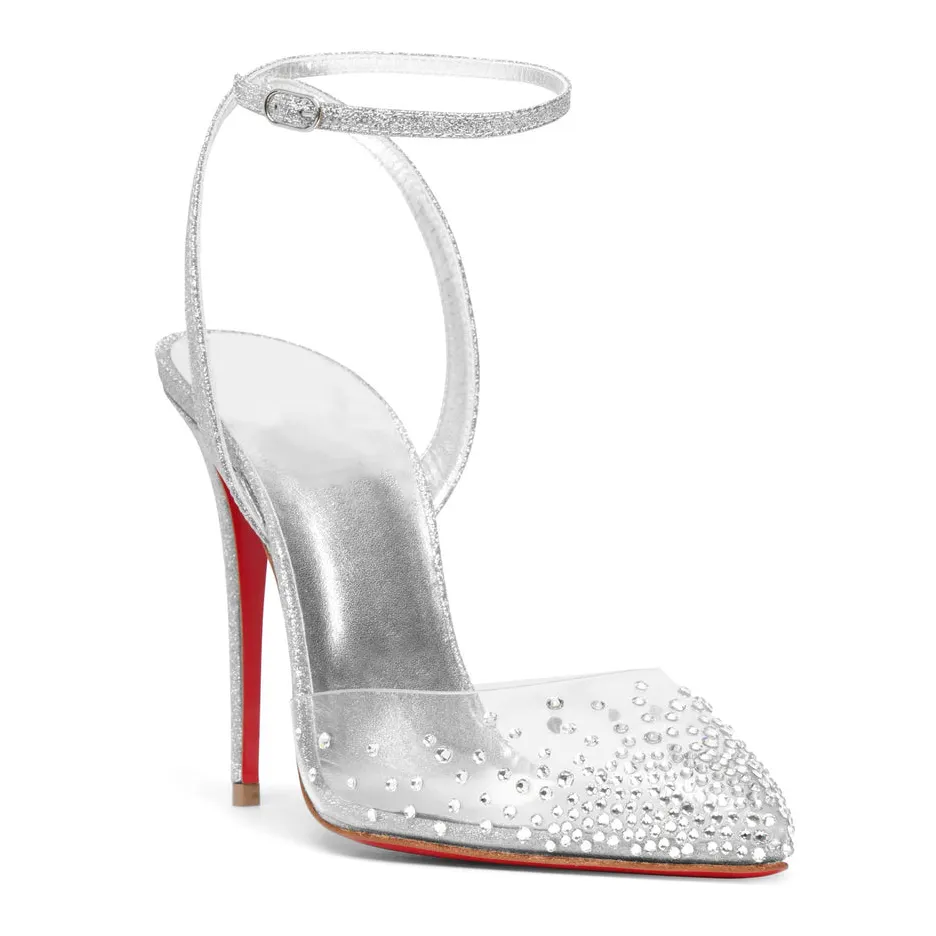 100mm Crystal Embellished PVC Metallic Pointy Toe Red Bottom Pumps Sandals-vocosishoes