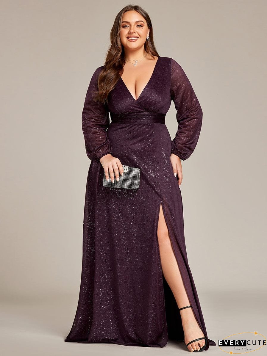 Shiny Puff Sleeve V-Neck Evening Gown for Curvy Women