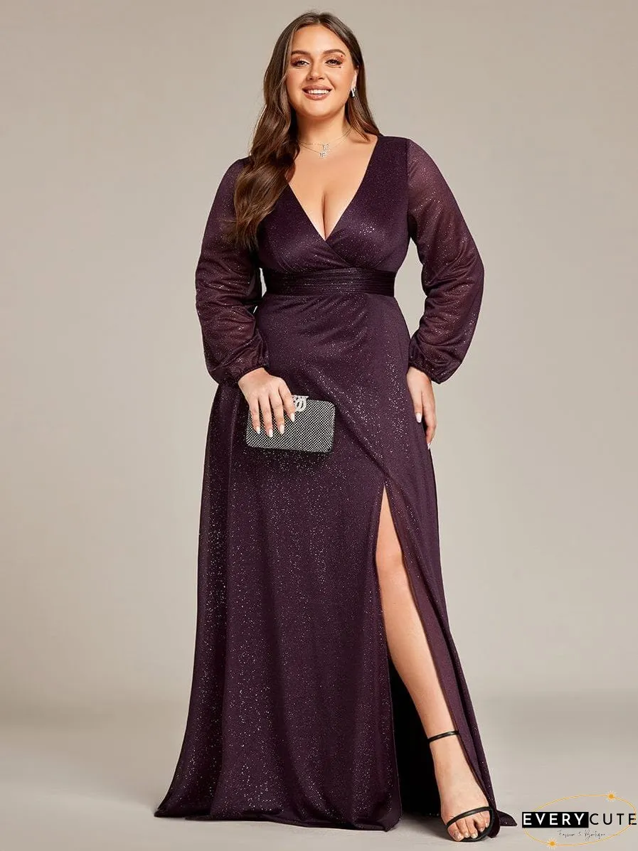 Shiny Puff Sleeve V-Neck Evening Gown for Curvy Women