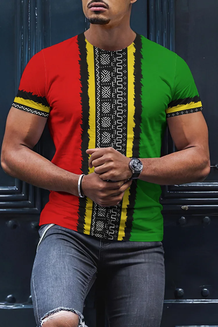 BrosWear Reggae African Ethnic Print Fashion Short Sleeve T-Shirt