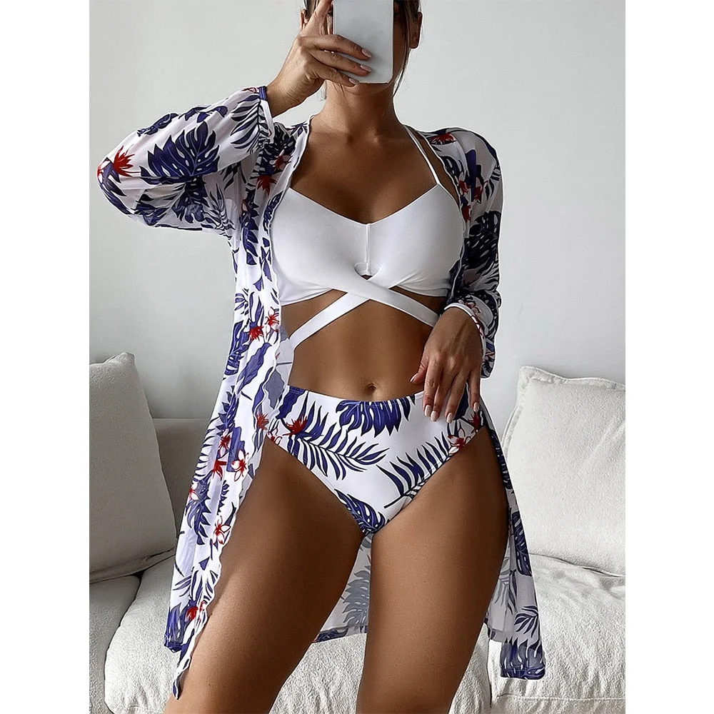 2022 Sexy Bikinis And Cover Set Women Swimsuit Printed Swimwear High Waist Summer Strappy Bathing Suit Beach Wear Biquini Female
