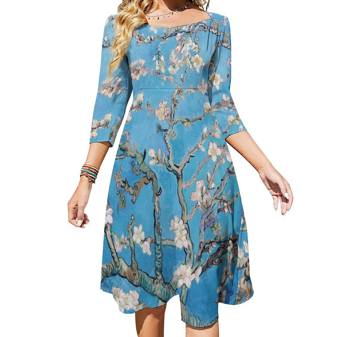 Almond Blossoms Blue Vincent Van Gogh Art Painting Dress Sweetheart Tie Back Flared 3/4 Sleeve Midi Dresses