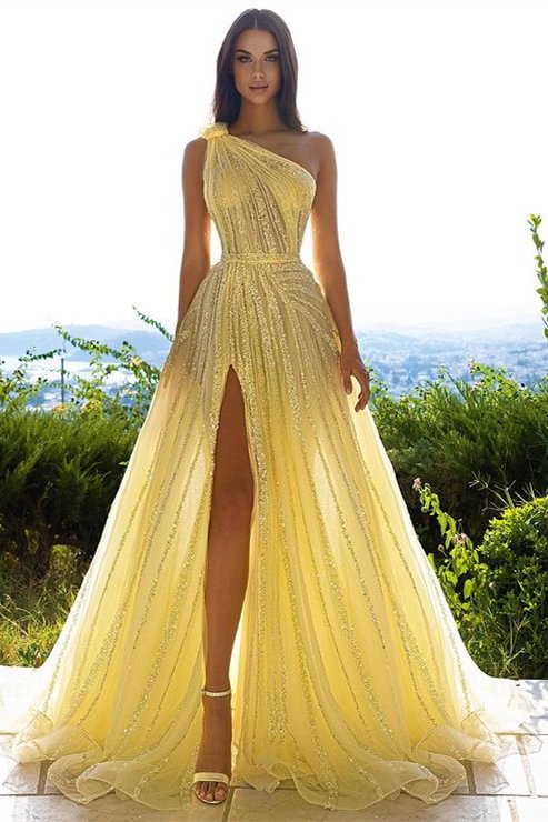 Sequins Daffodil One Shoulder Prom Dress With Front Split | Ballbellas Ballbellas