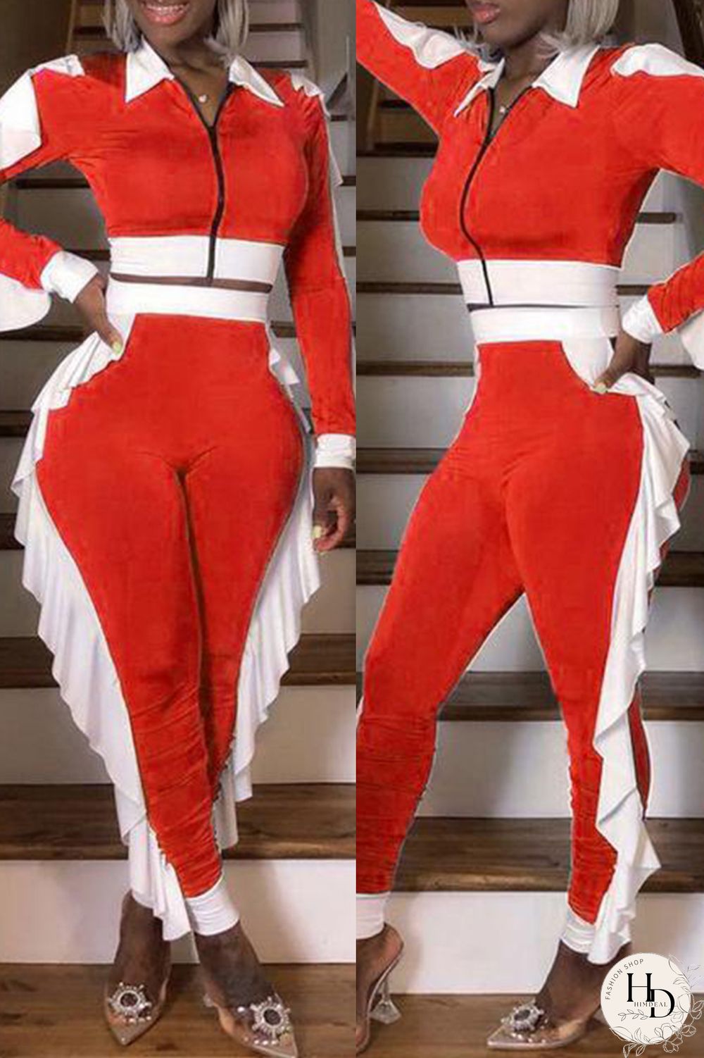 White Fashion Casual Patchwork Zipper Turndown Collar Long Sleeve Two Pieces