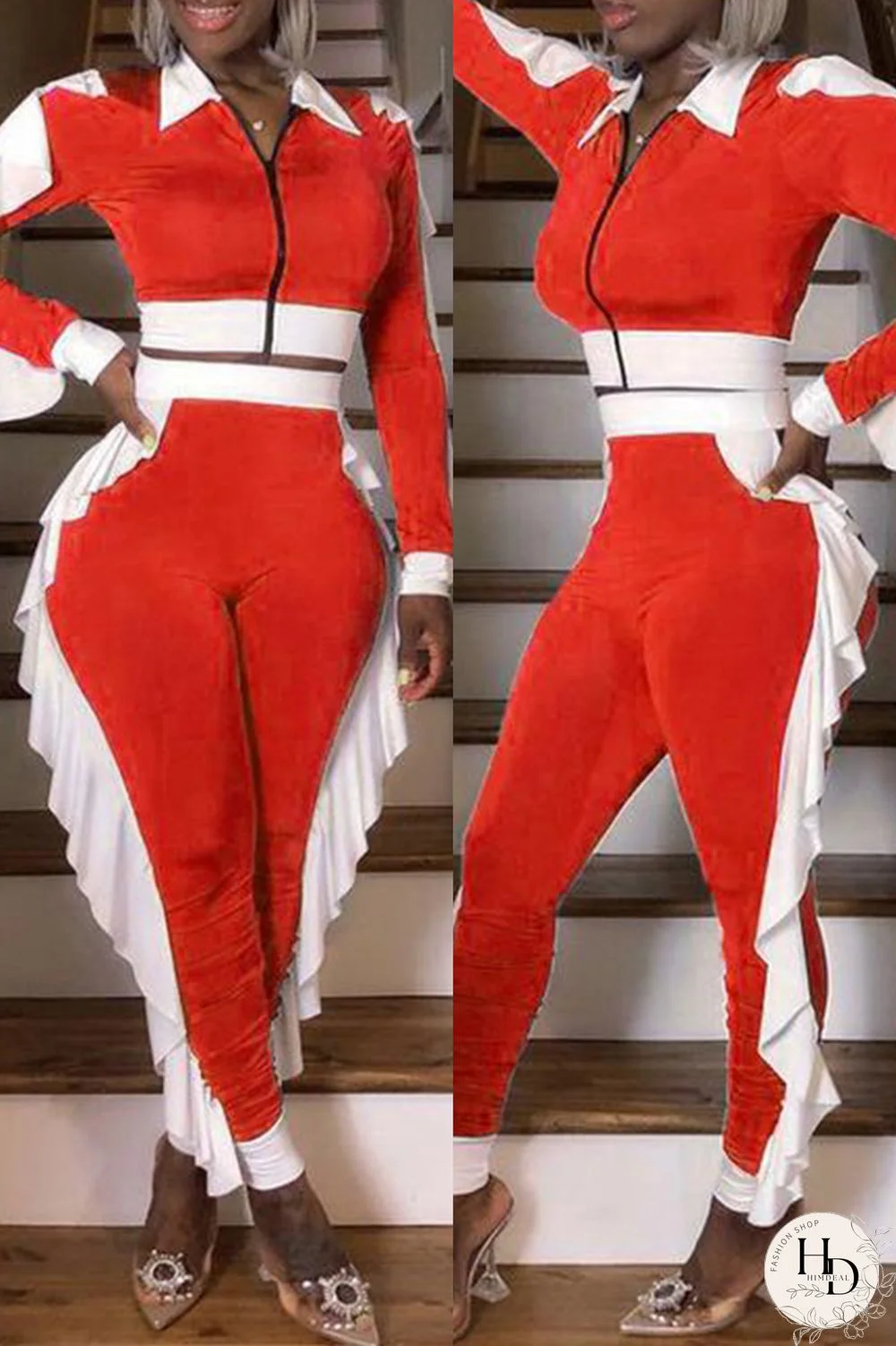 White Fashion Casual Patchwork Zipper Turndown Collar Long Sleeve Two Pieces