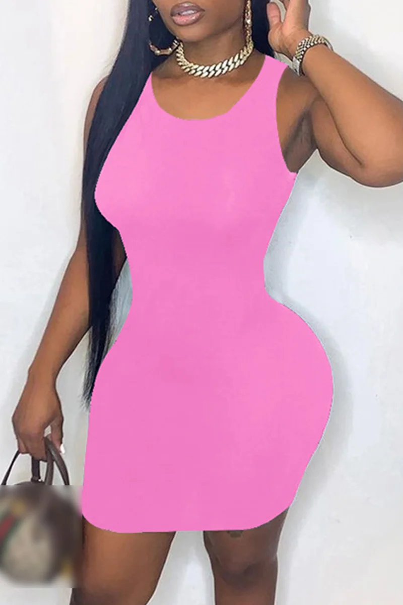 Pink Sexy Casual Solid Basic O Neck Vest Dress | EGEMISS